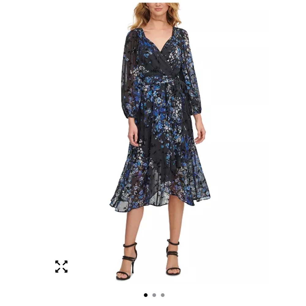 DKNY Womens Blue Floral Faux Wrap Midi Dress Long Sleeve Burnout Chiffon Size 12 - Picture 2 of 7